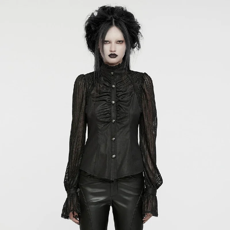 Great Bargains Women's Punk Stand Collar Ruched Mesh Splice Shirt